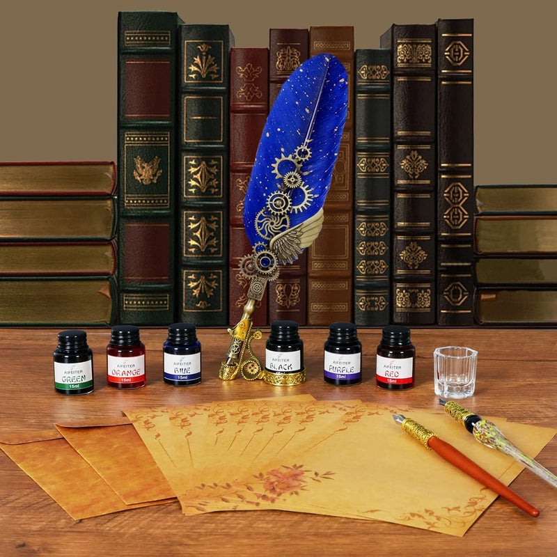 Aifeiter Quill Pen Ink Set-Feather Calligraphy Pen and Ink Set,Includes 6 Bottles of Ink,Quill Pen,Glass Dipping Pen,Wooden Dipping Pen,17 nibs,8 Sheets of Writing Paper,Envelope,Spoon-Blue - Image 3